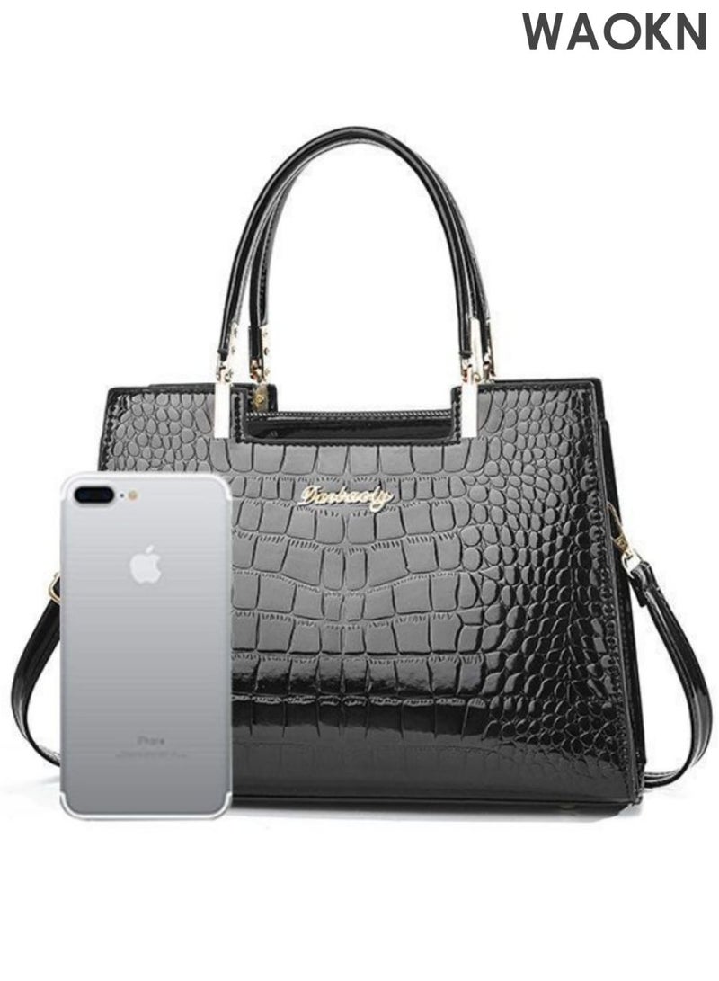 Women handbags Purse Shiny Patent , Leather Crocodile Pattern Top Handle Handbag , Satchel Bags , Zipper Medium Tote Bag , suitable for shopping, commuting to work, and going to school , unisex , black . - Image 4